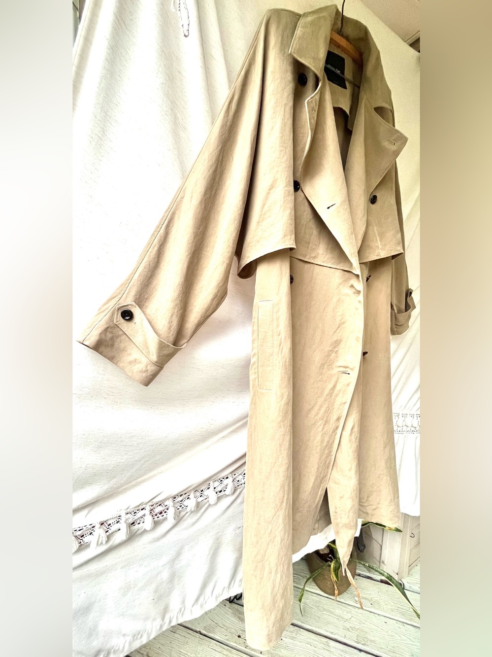 Massimo Dutti Linen Blend Trench Coat Notched Lapel Collar w Belt Detail Large - Picture 10 of 15